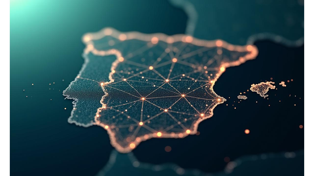Representación conceptual de una red de bienestar digital futurista conectando ciudades españolas, con elementos de IA y cuidado personal flotando sobre un mapa estilizado de España.