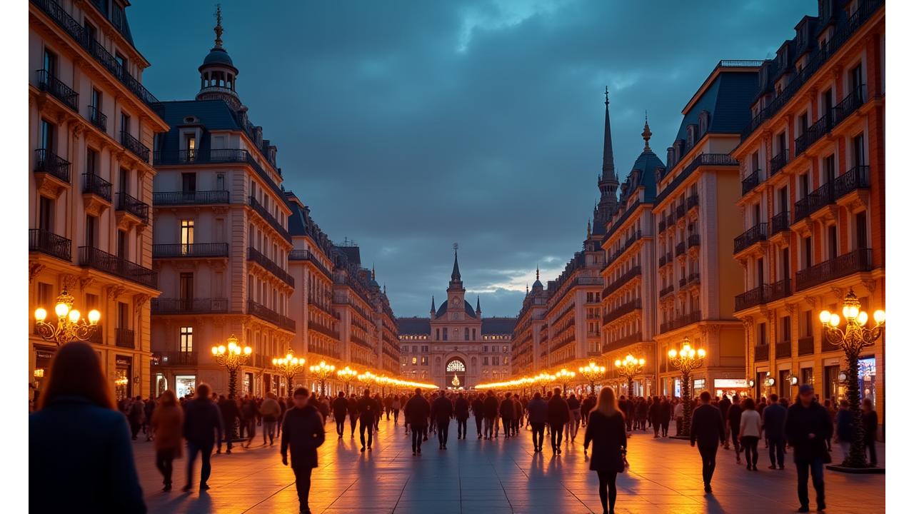 Vista aérea de la Gran Vía de Madrid al atardecer, con luces vibrantes y un ambiente urbano elegante, simbolizando nuestras raíces en la capital española.