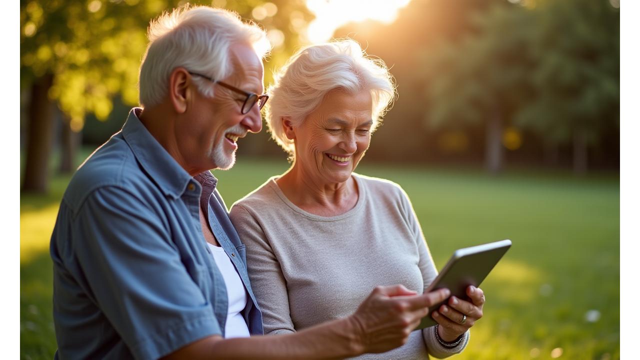 Dos personas mayores sonriendo y utilizando una tablet con una interfaz de bienestar digital intuitiva sobre un fondo de naturaleza tranquila, simbolizando tecnología amigable y bienestar. Dominan los tonos #2F8F9D y #F4A261.