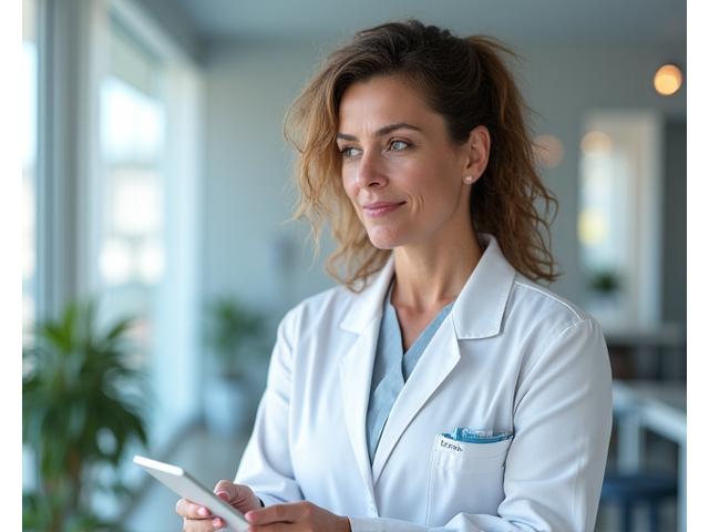 Dra. Laura Fernández, reconocida cardióloga y miembro del consejo médico de Áurea Media, consultando gráficos médicos.