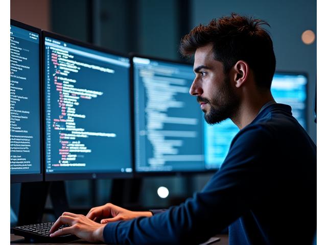 Javier Ortega, líder de tecnología en Áurea Media, trabajando con código en una pantalla, reflejando innovación y precisión.