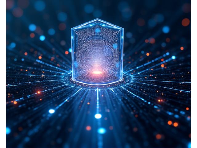 Representación visual de datos protegidos por un escudo o una barrera digital, con íconos de encriptación y servidores, en un entorno seguro.