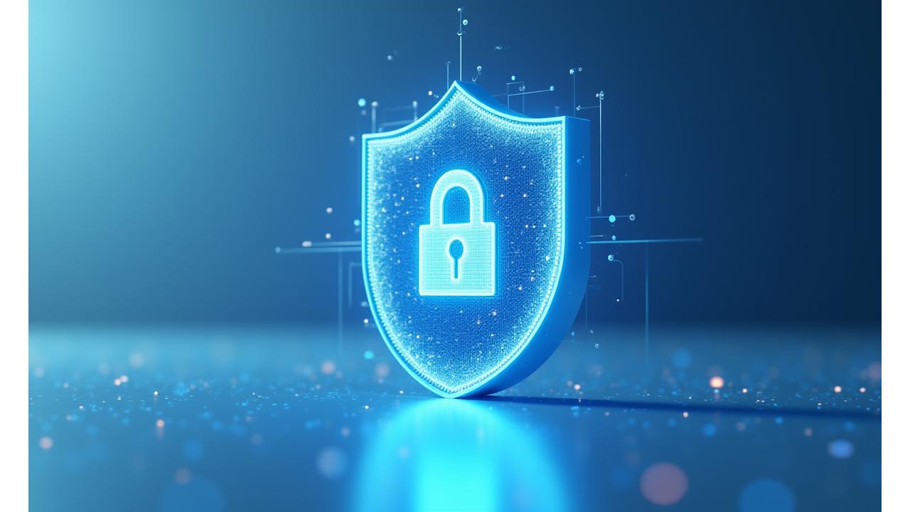 Escudo digital con candado de seguridad y símbolos de privacidad, representando la protección de datos en Áurea Media.