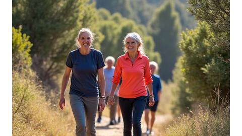 Grupo de adultos de 40s y 50s riendo y caminando por un sendero natural.