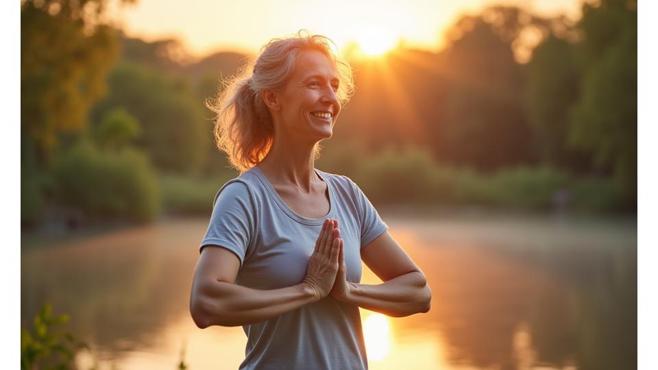 Mujer adulta sonriendo mientras practica yoga al amanecer, simbolizando bienestar y tranquilidad.