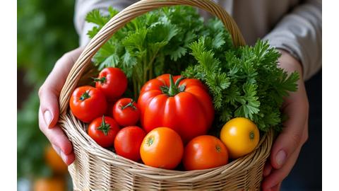 Mano sosteniendo una cesta con verduras frescas de temporada, representando nutrición saludable.