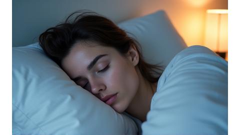 Persona durmiendo plácidamente en una cama limpia y cómoda, con luz tenue y ambiente relajado.
