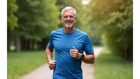 Persona de mediana edad usando un smartwatch mientras hace ejercicio al aire libre.