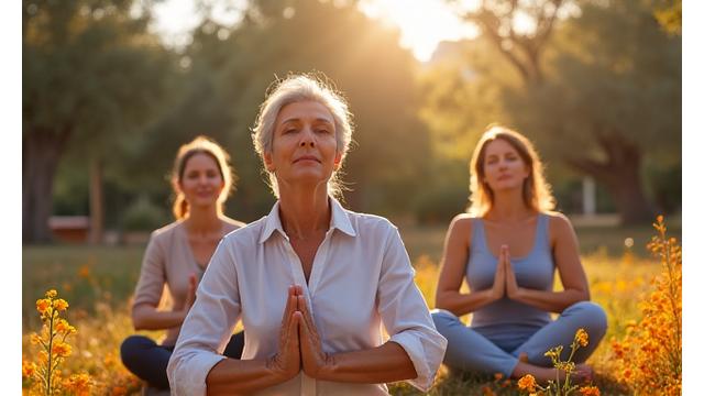 Grupo de personas mayores practicando mindfulness en un parque soleado de España.