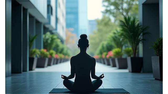 Persona meditando en un entorno urbano, encontrando calma entre el ajetreo.