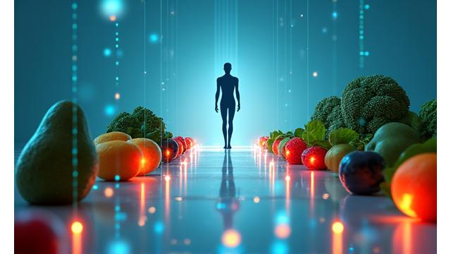 Visualización abstracta de datos biométricos conectados a alimentos saludables, simbolizando nutrición personalizada.