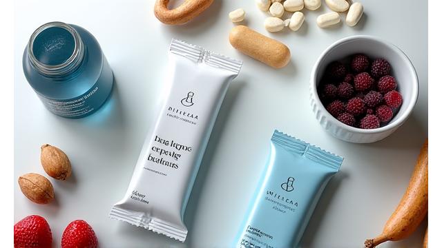 Selección de alimentos funcionales modernos y suplementos en envases elegantes.