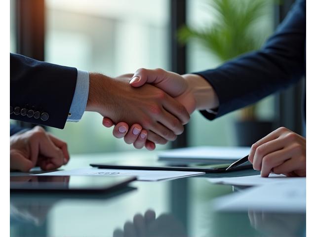 Dos personas de distintas generaciones entrelazando sus manos sobre una mesa de cristal, simbolizando una colaboración o partnership. Hay documentos y tablets en la mesa.