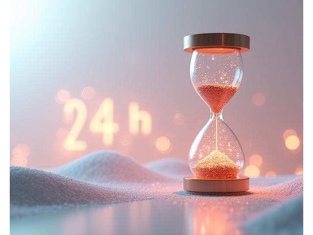 Un reloj de arena digital con un temporizador marcando 24 horas, rodeado de un aura suave que simboliza rapidez y eficiencia.