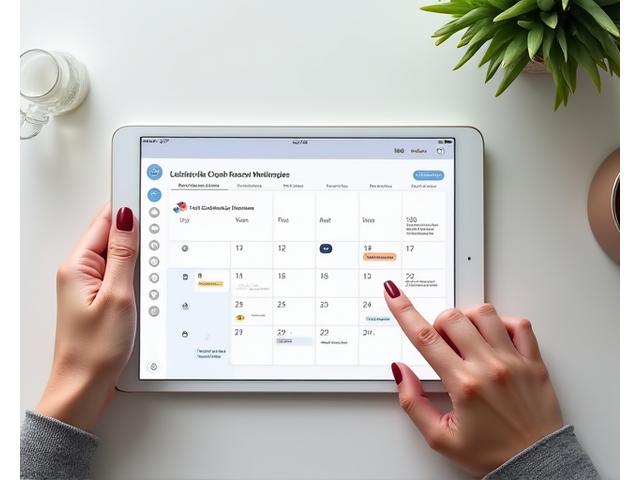Vista de un calendario digital en una tablet, con diversas franjas horarias disponibles y un puntero seleccionando una fecha. Entorno luminoso y moderno.