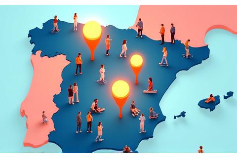 Un mapa estilizado de España con puntos de luz indicando meetups locales de bienestar en varias ciudades, con personas sonriendo y conectando.