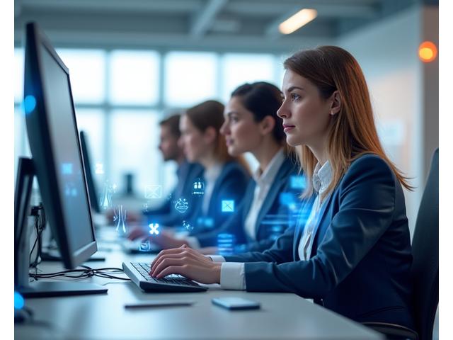 Un equipo de moderadores amigable y profesional trabajando en monitores, con iconos de seguridad y bienestar flotando alrededor.