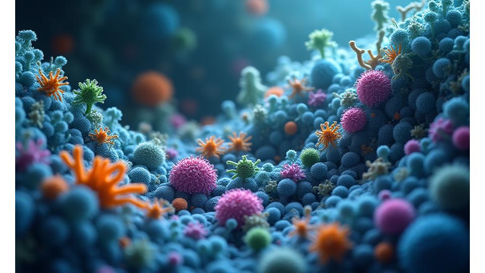 Ilustración científica estéticamente agradable del microbioma intestinal, mostrando diferentes bacterias en equilibrio con formas y colores suaves.