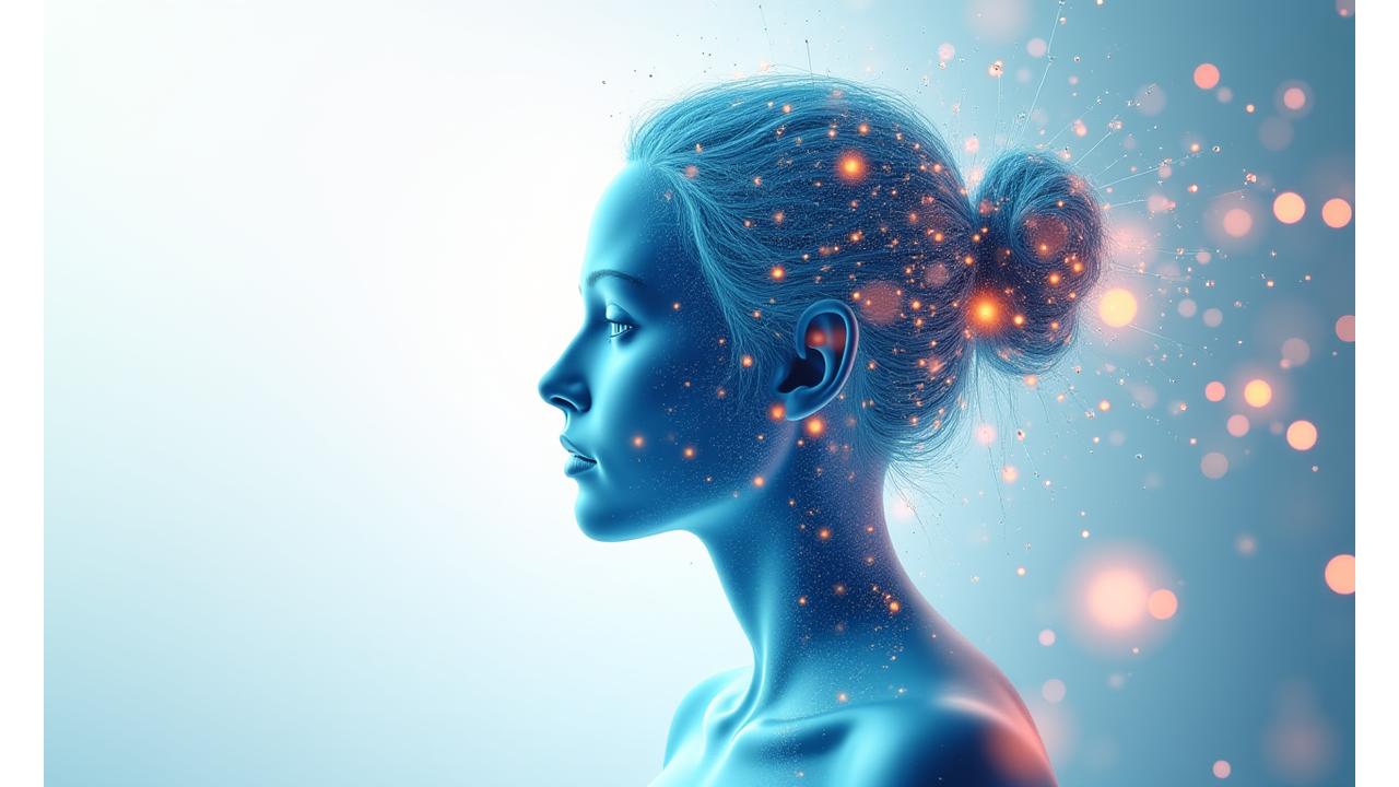 Representación visual de la fusión entre inteligencia artificial y datos biométricos para crear un plan nutricional personalizado, mostrando gráficos de datos y alimentos sanos.