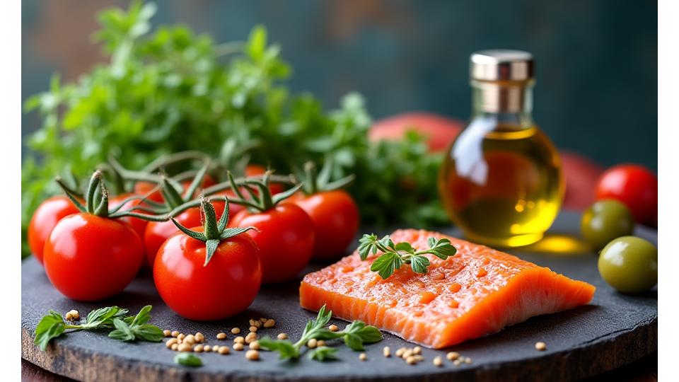 Bodegón moderno que fusiona elementos tradicionales de la dieta mediterránea (aceite de oliva, verduras frescas, legumbres) con sutiles toques futuristas que sugieren tecnología.