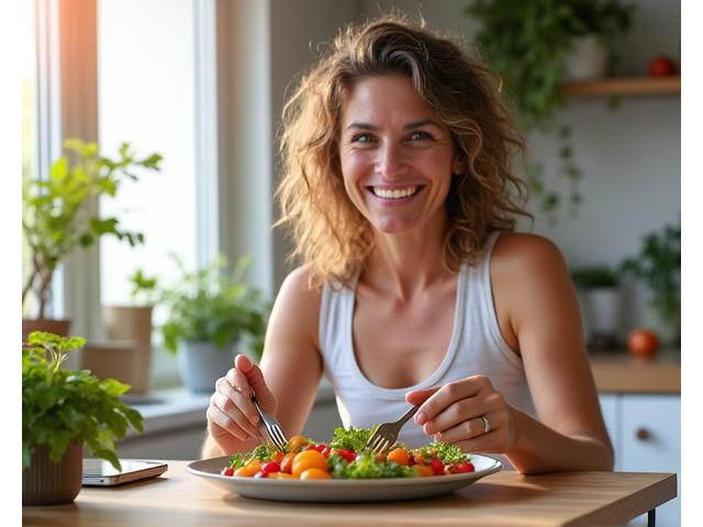 Ana, 45, disfrutando de una comida saludable