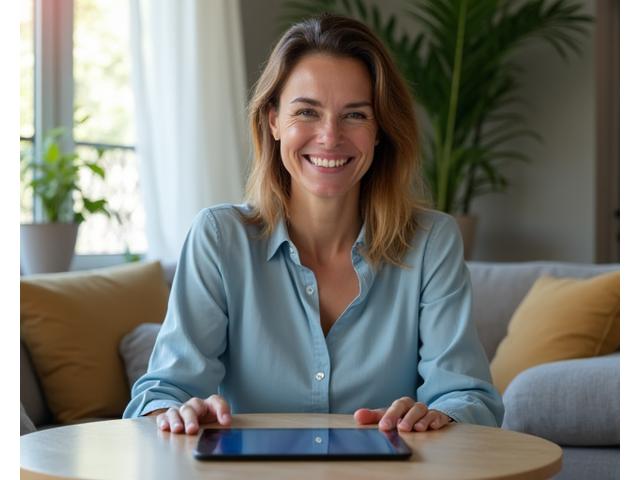 María, 42, sonriendo mientras usa una tablet