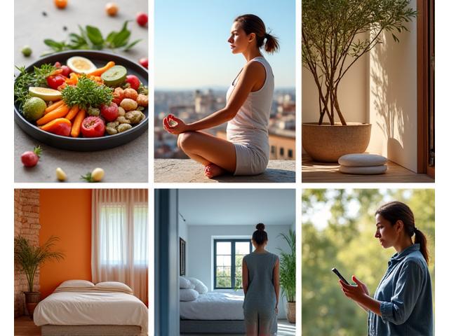 Representación de diversas categorías de bienestar: nutrición (plato mediterráneo), ejercicio (persona activa), sueño (persona durmiendo), gestión del estrés (persona meditando) y equilibrio digital (persona usando tecnología de forma consciente).