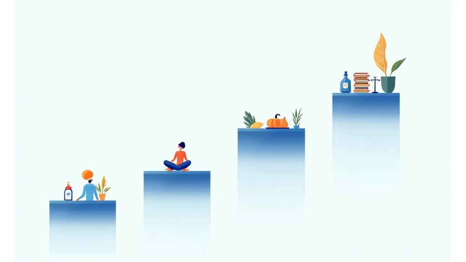 Gráfico conceptual mostrando cómo pequeños hábitos se construyen en una rutina diaria sostenible, con iconos de alimentación, ejercicio, sueño y meditación integrados de manera fluida.