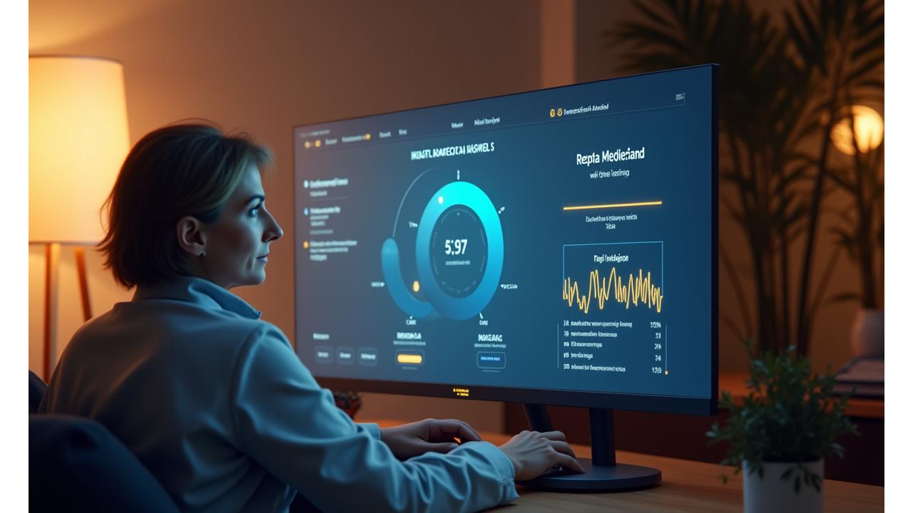 Representación de una interfaz de usuario de IA analizando datos de bienestar y generando recomendaciones personalizadas para un adulto en España, con una pantalla mostrando un plan de hábitos optimizado.