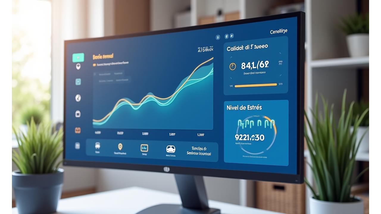 Representación de un dashboard digital con gráficos de progreso para salud, actividad física, calidad del sueño y niveles de estrés, con colores vibrantes y datos claros.
