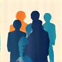 Icono de un grupo de personas en un taller interactivo, con elementos gráficos de aprendizaje y wellness.