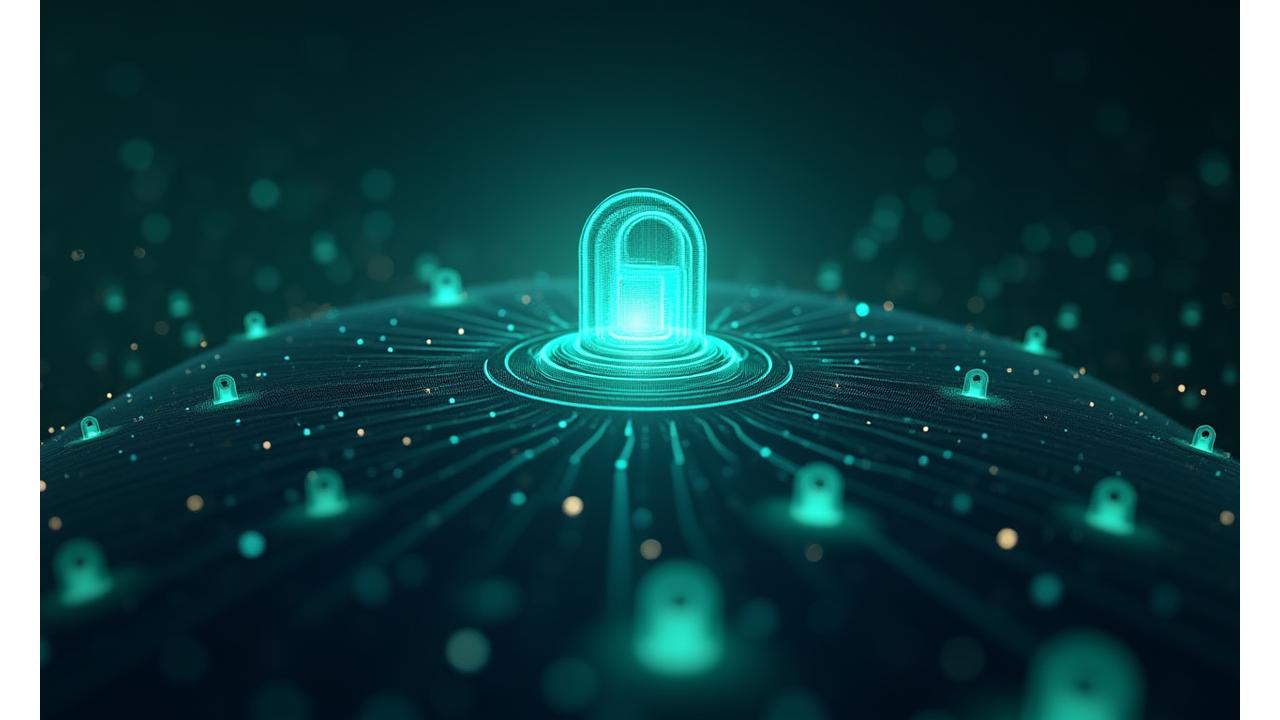 Representación visual de un sistema de seguridad digital robusto con datos encriptados y escudos de privacidad, dominado por tonos azules y verdes de Áurea Media.