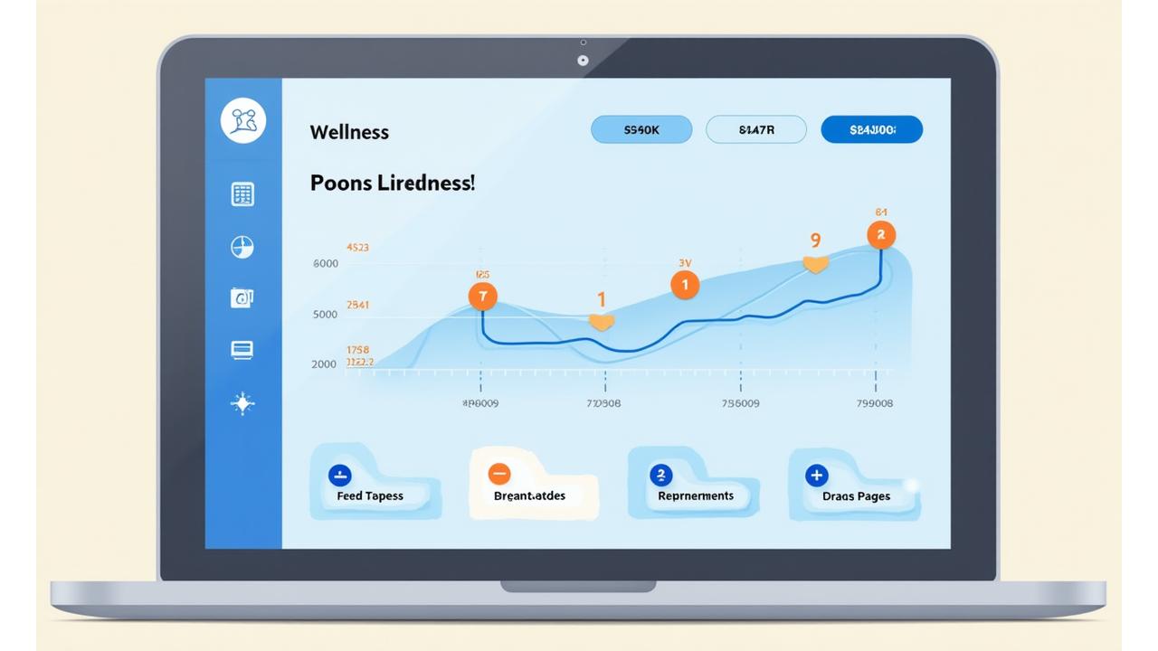 Representación de un dashboard de usuario interactivo, mostrando una línea de tiempo de progreso de bienestar con puntos de feedback y métricas de satisfacción.