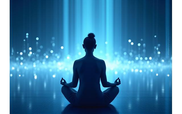 Persona meditando en un entorno virtual calmante con gráficos de ondas cerebrales superpuestas, enfatizando la personalización de la IA.