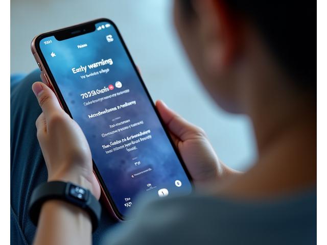 Pantalla de aplicación móvil mostrando alertas predictivas de estrés basadas en datos recopilados de un smartwatch.