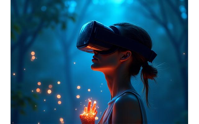 Usuario con gafas de realidad virtual experimentando una meditación inmersiva con biofeedback en tiempo real visualizado como patrones de luz.