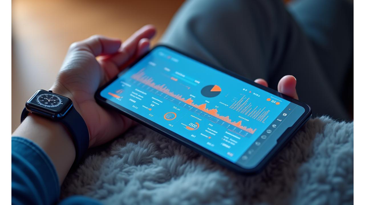 Panel de control de bienestar mental en tiempo real mostrando gráficos de actividad cerebral y patrones de estrés, integrado con un smartwatch.