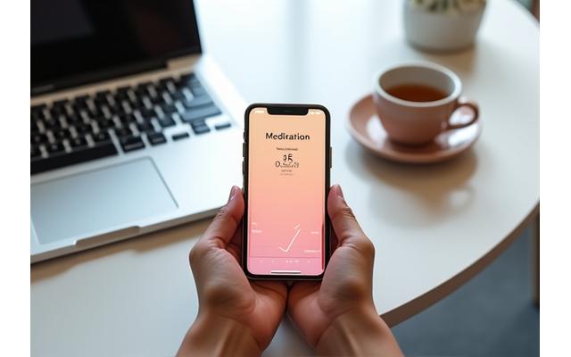 Persona tomando un breve descanso de meditación en su escritorio, con una aplicación de smartphone que muestra un temporizador y un gráfico de actividad mental.
