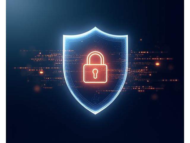 Escudo digital con un candado y símbolos de datos encriptados, representando la seguridad de la información personal de salud.