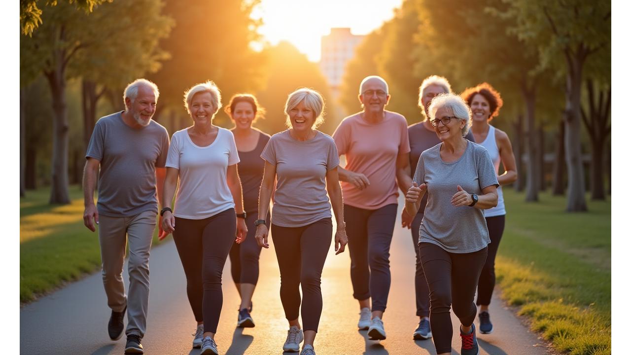 Mujeres de diversas edades, activas y sonrientes, participando en un reto de caminata urbana, con relojes inteligentes visibles y un ambiente de colaboración.