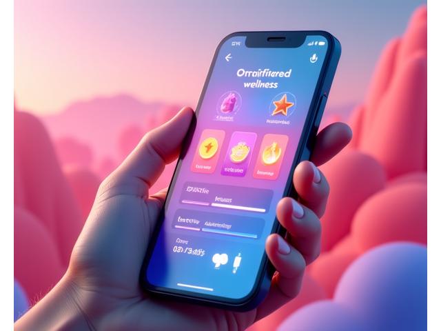 Una mano sosteniendo un smartphone que muestra una interfaz de gamificación con barras de progreso, insignias de logros y puntos, con un fondo abstracto de elementos 3D brillantes.