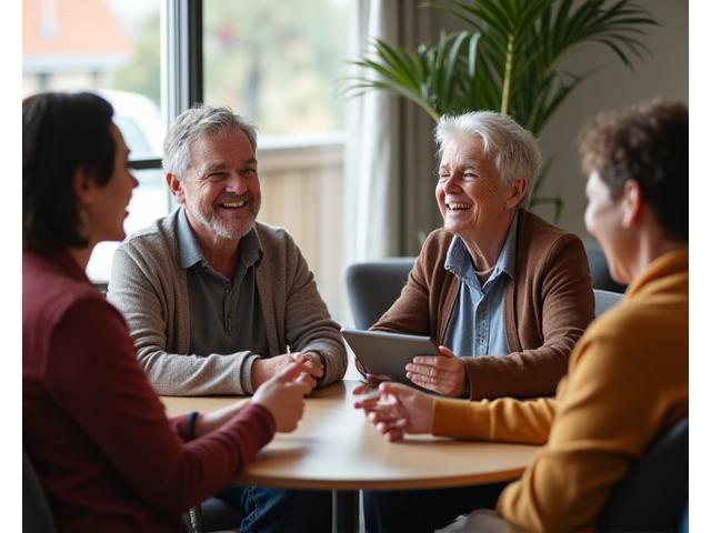 Grupo diverso de adultos charlando y riendo alegremente en un espacio luminoso, simbolizando conexión y apoyo mutuo.