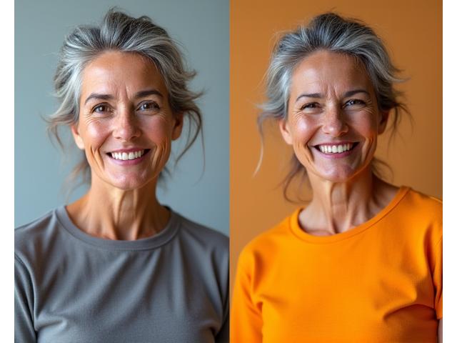 Retrato de Ana, una mujer sonriente de 50 años, con un antes y después sutil que muestra mayor vitalidad y confianza.