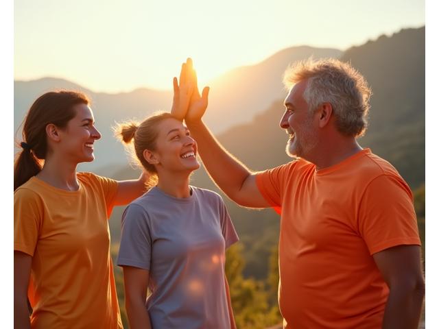 Tres personas de mediana edad, sonrientes, con camisetas de Áurea Media, celebrando su éxito en un reto grupal al aire libre.