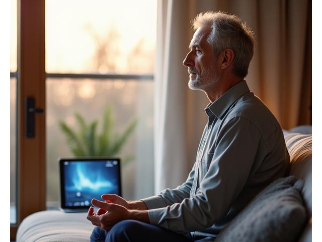 Retrato de Javier, un hombre de 60 años con una expresión serena, meditando en su hogar con una tableta mostrando la app de Áurea Media.