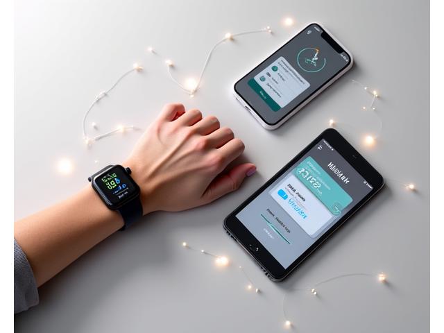 Dispositivos inteligentes sincornizados: un smartwatch mostrando pasos, una tablet con una app de bienestar y un smartphone con notificaciones de reto, sobre una superficie minimalista.