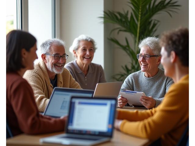 Grupo de personas adultas, diversas y sonrientes, interactuando en un foro de bienestar digital en sus laptops y tablets, en un ambiente acogedor y lleno de apoyo, con un diseño limpio y moderno que enfatiza la conexión humana.