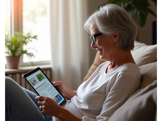 Persona adulta sonriendo mientras lee un artículo de blog sobre bienestar en una tablet, con contenido informativo y visualmente atractivo.