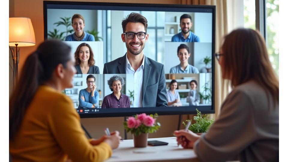 Grupo de adultos sonriendo y participando activamente en un taller digital a través de videollamada, con el instructor guiándolos desde una pantalla, transmitiendo conocimiento y camaradería.