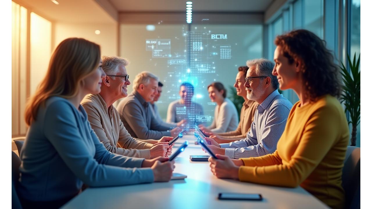 Representación visual de los diversos servicios de Áurea Media, mostrando iconos de blog, IA, talleres y comunidad interconectados armoniosamente con personas adultas interactuando con dispositivos digitales.